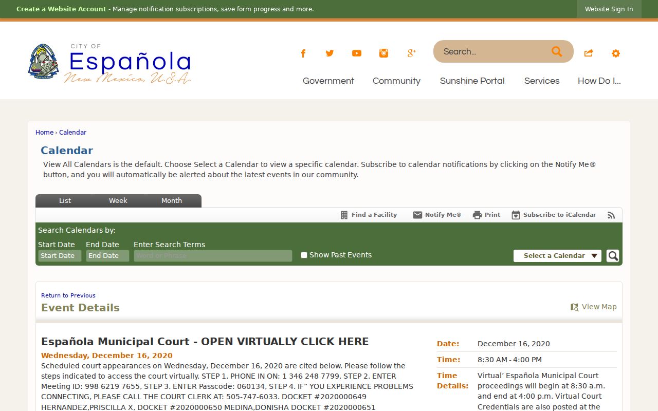Santa Fe County court date Española Municipal Court calendar controls