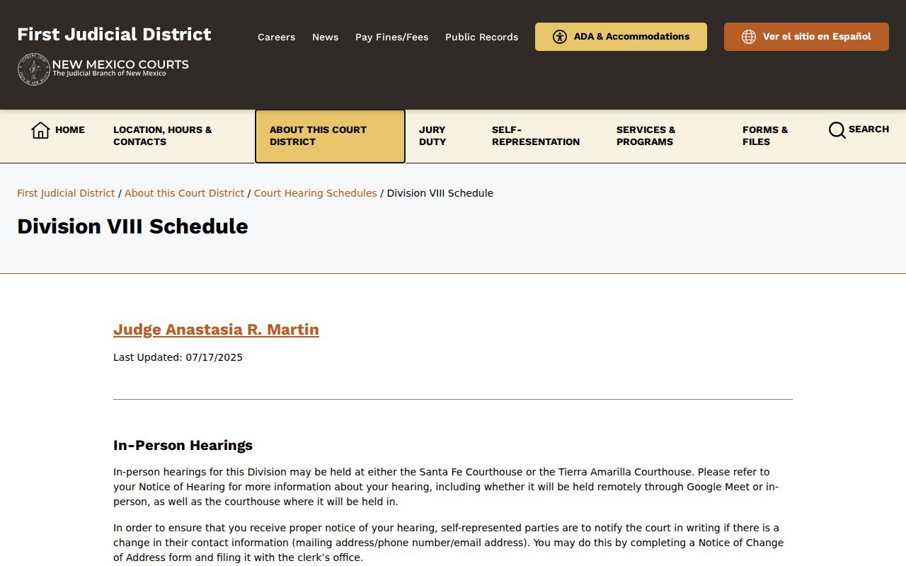 Santa Fe County court date Division VIII Santa Fe and Tierra Amarilla schedule