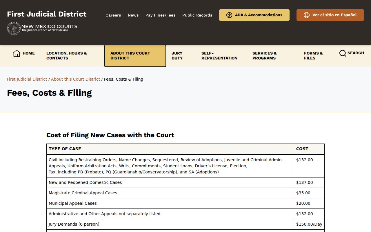 Santa Fe County court records copy and certification fees