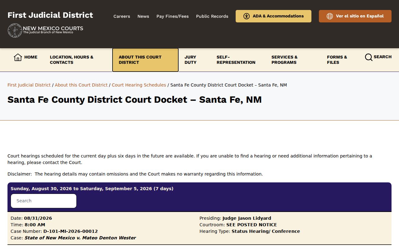 Santa Fe County court calendar District Court seven-day hearing schedule