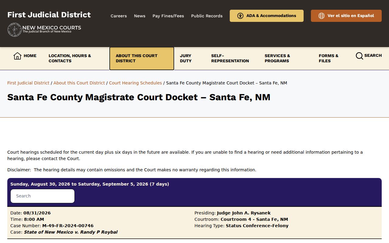 Santa Fe County court calendar Magistrate Court seven-day hearing schedule